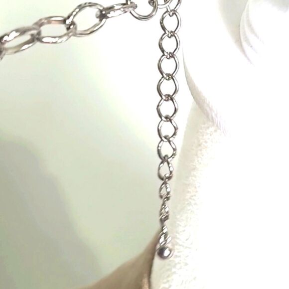 Fashion Necklace Long Silver Double Necklace, Tan & White Shiny Stones & Silver - Picture 2 of 2